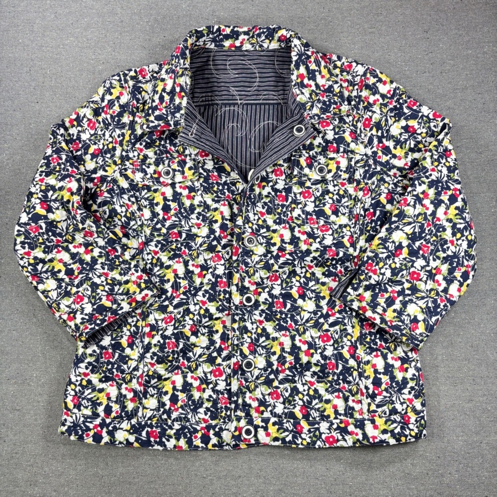 Christopher & Banks Reversible Jacket Women L Navy Floral Pinstripe Quilted